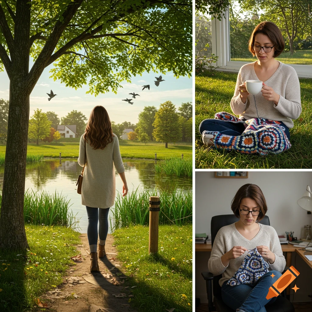 A collage shows a woman walking by a pond, sitting in grass with a cup, and crocheting at a desk.