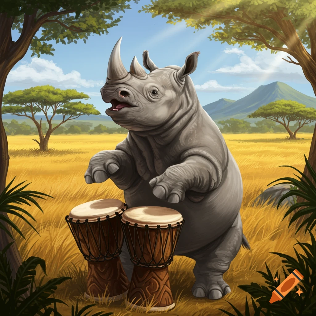 Rhino playing drums in a savanna.