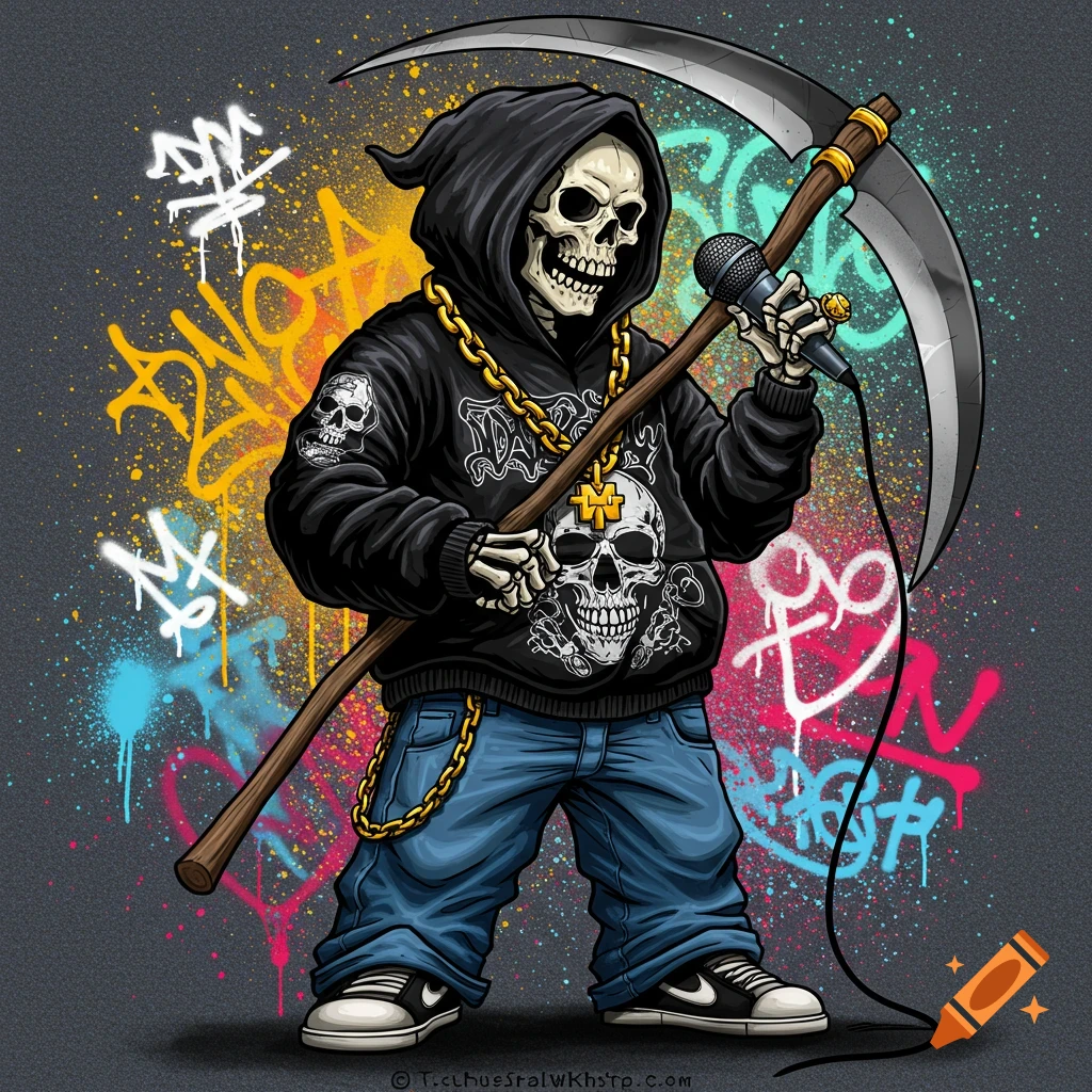 A skeleton grim reaper rapper with a scythe and microphone stands before graffiti.