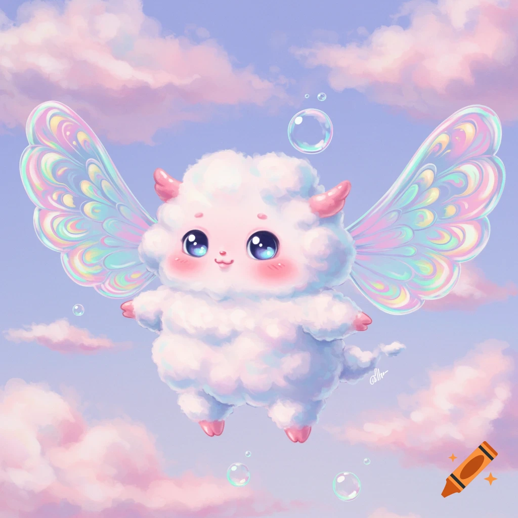 Cute fluffy creature with iridescent wings flies in a pastel sky with bubbles, digital art.