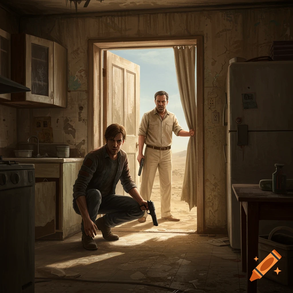 Two men with guns are in a dilapidated kitchen, looking out at a desert.
