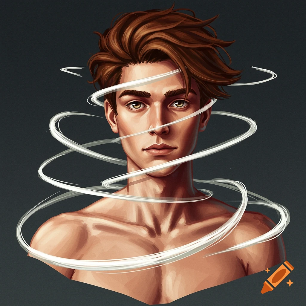 A young man with brown hair and white swirling lines around his head and shoulders.