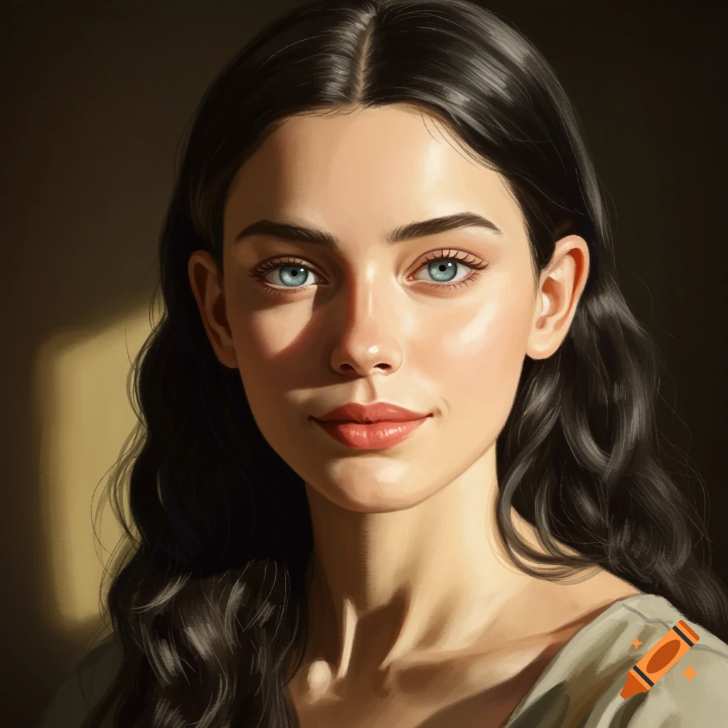 A digital portrait of a young woman with dark hair and blue eyes in a Renaissance style, lit by warm side light.