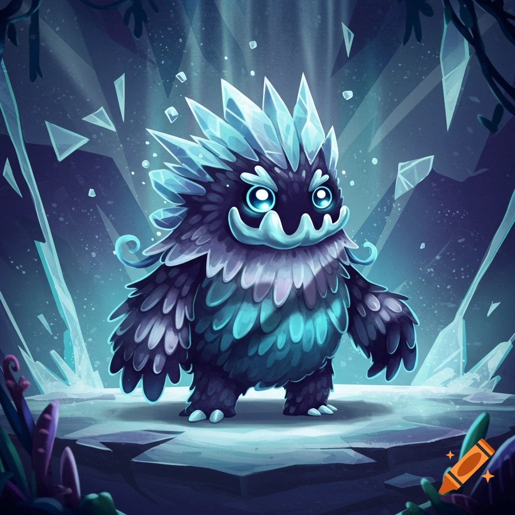 A cute icy monster with dark fur and blue crystals in a cave.
