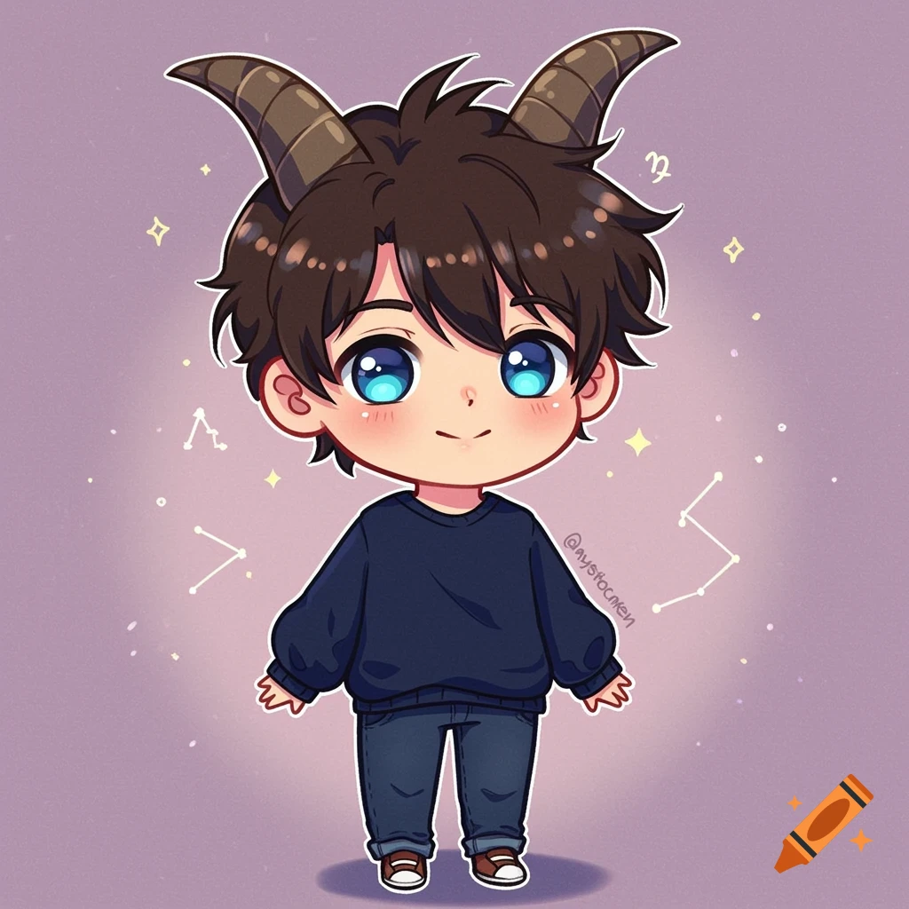 Chibi anime boy with goat horns, brown hair, and blue eyes, wearing a navy sweater, surrounded by stars and constellations