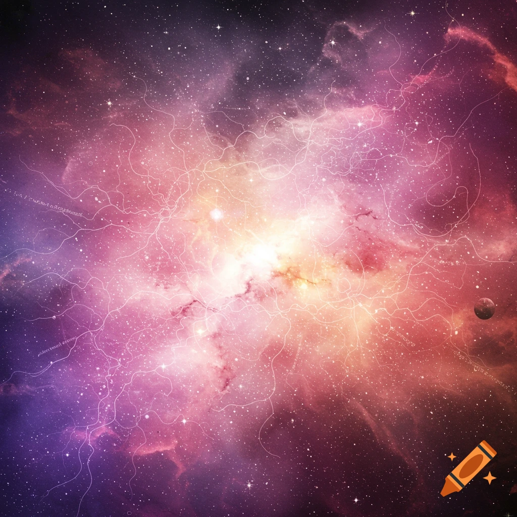 A vibrant purple, pink, orange, and yellow nebula with stars and a planet.