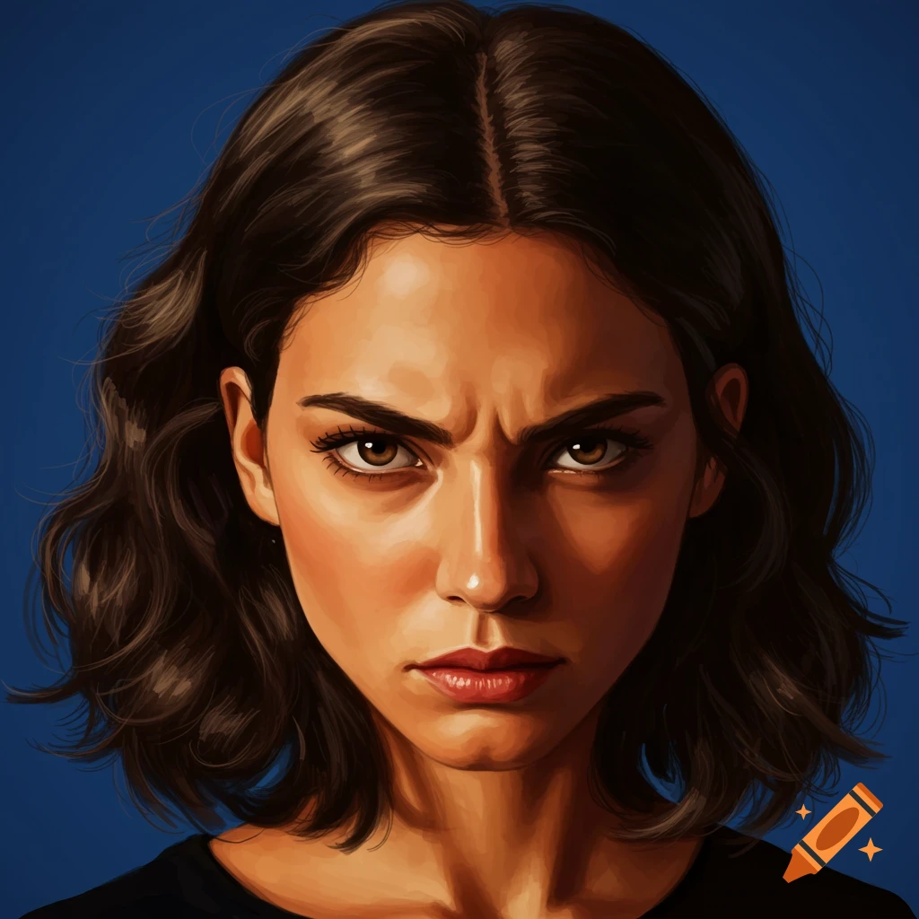 A woman with intense eyes and a stern expression against a blue background.