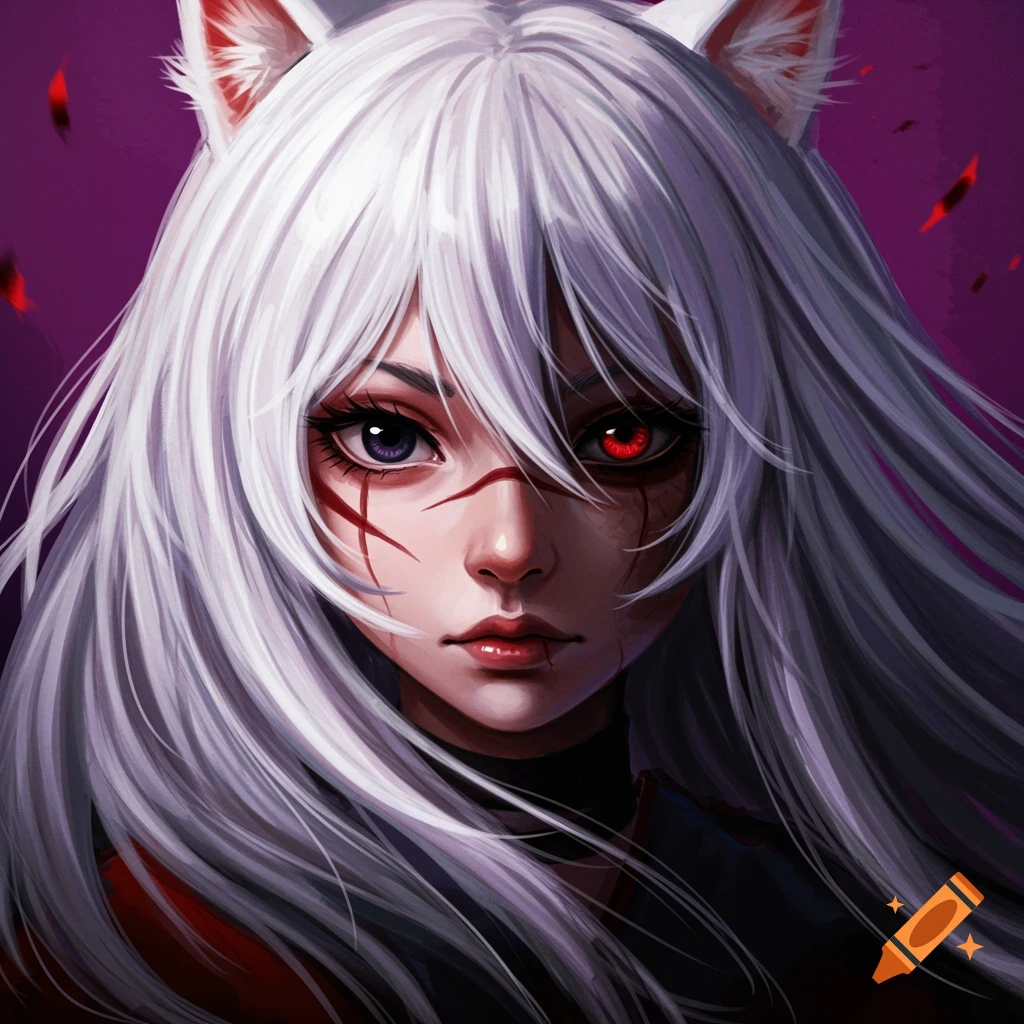 Anime portrait of a girl with white hair, cat ears, facial scars, one purple eye, and one red eye, against a purple background.