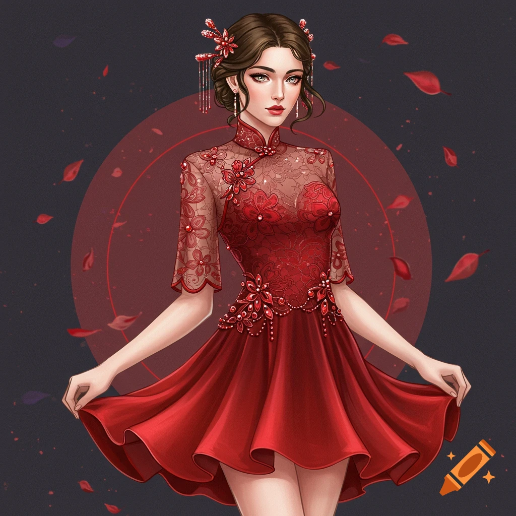 A woman in a red lace dress with red embellishments and falling petals.