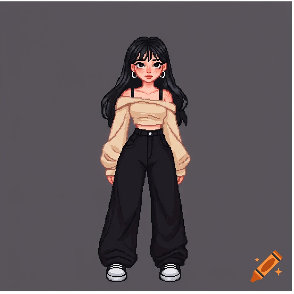 A pixel art character of a woman with long black hair, wearing an off shoulder top and baggy black pants.