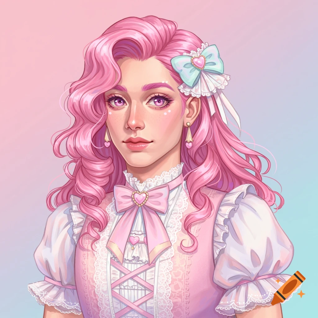 Illustration of a person with long pink hair in a pastel pink dress with lace and bows, whimsical style.