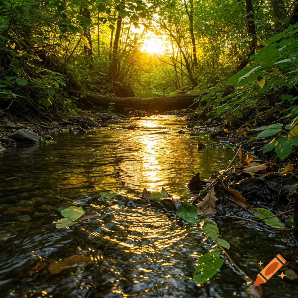 A forest stream bathed in golden sunset light.
