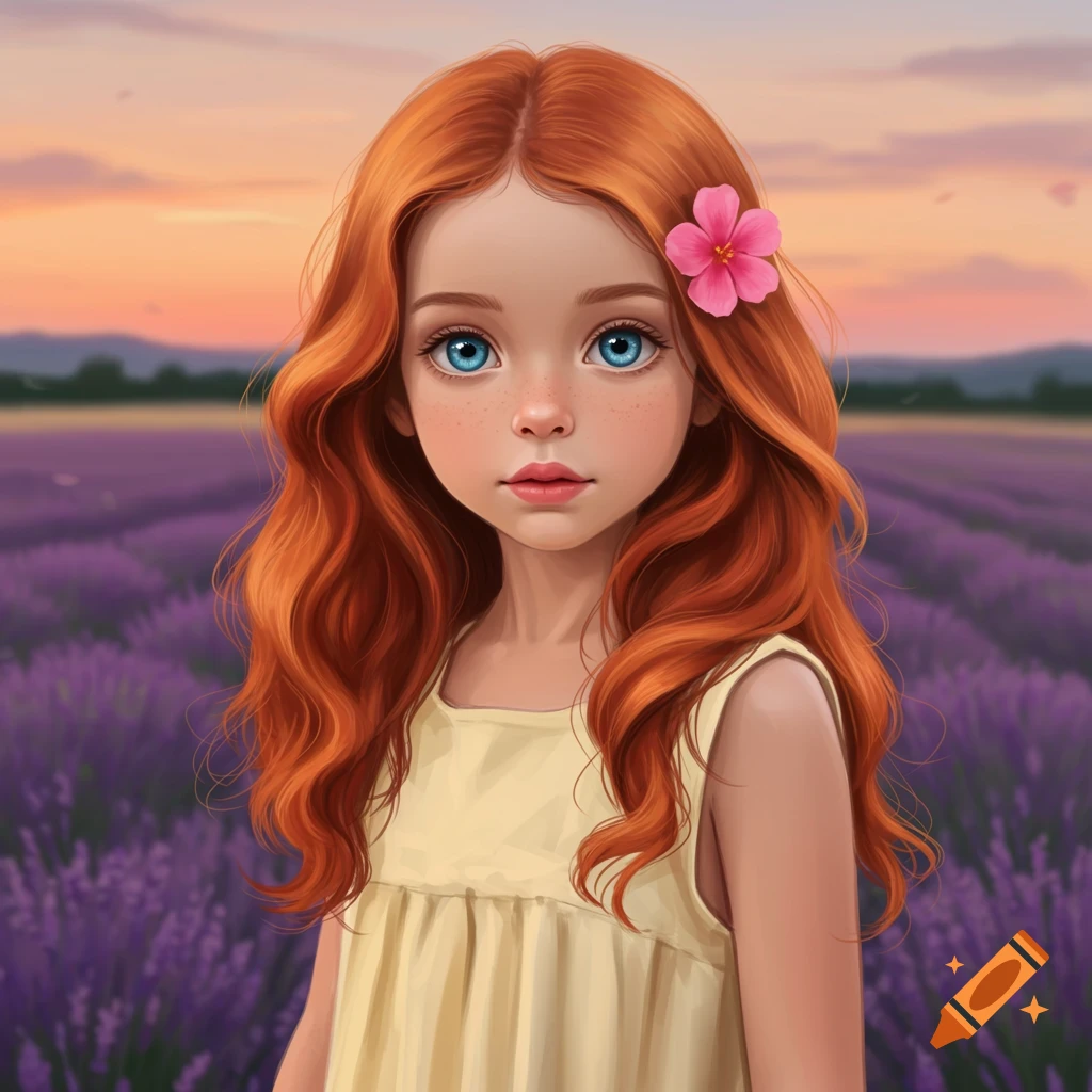 A young girl with red hair and blue eyes standing in a lavender field at sunset.