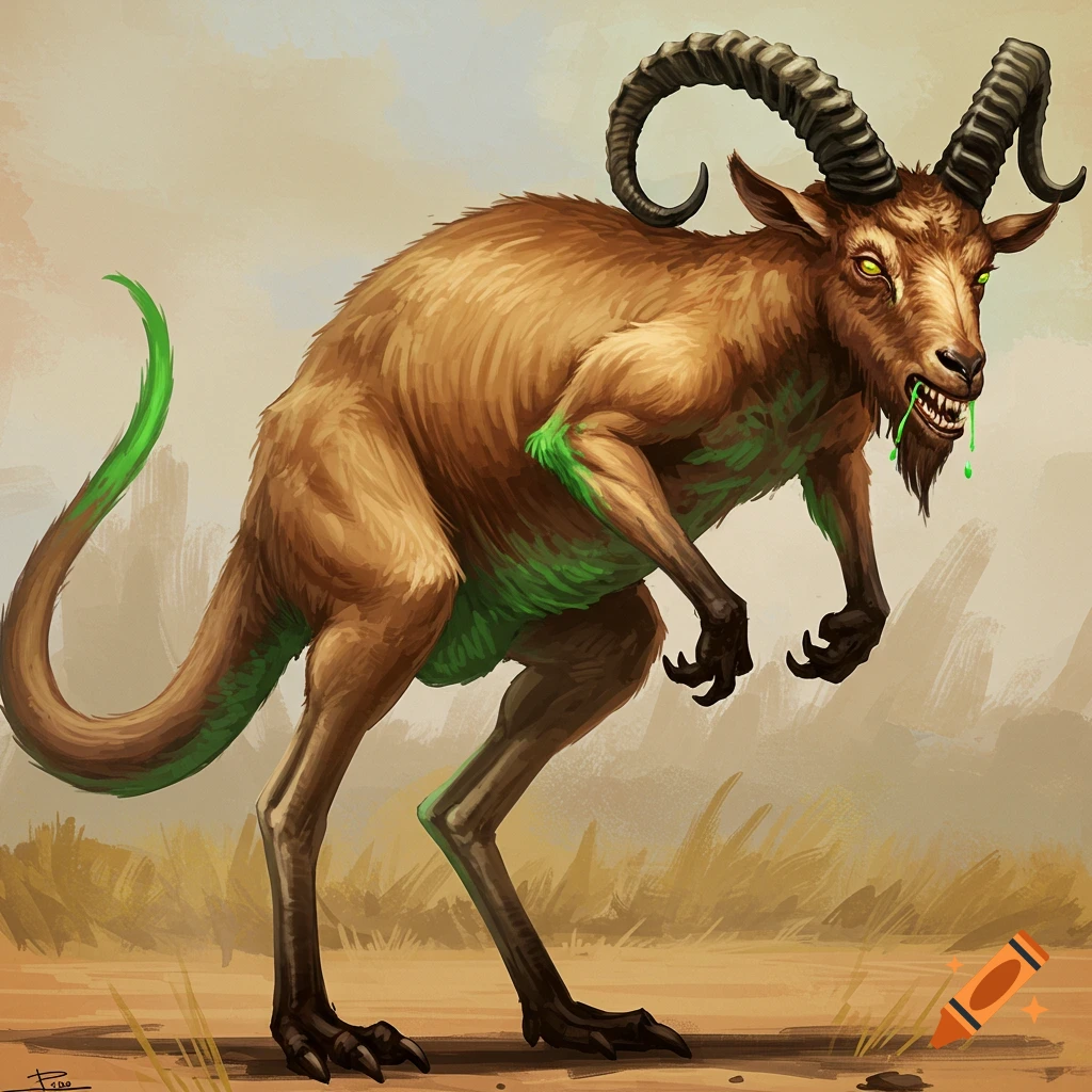 a kangaroo and goat hybrid monster with green slime dripping from its mouth