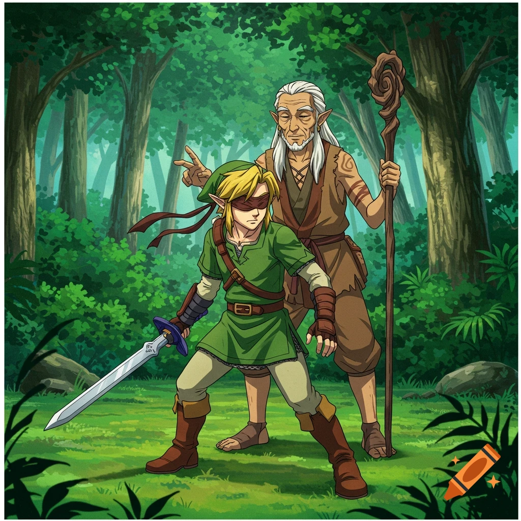 Young Link with blindfold and sword taught by old man with staff in forest, anime style.