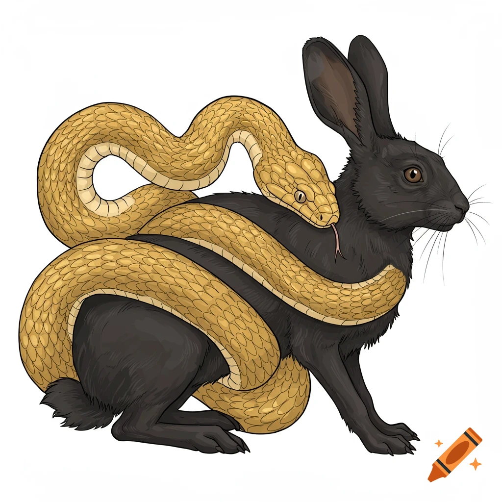 A gold snake is wrapped around a black hare in a line art style.