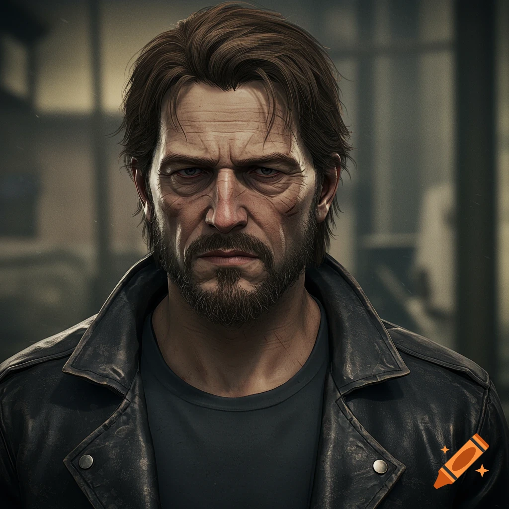 Portrait of a tired-looking man with brown hair, goatee, and scars, wearing a leather jacket, in a stylized video game art style.
