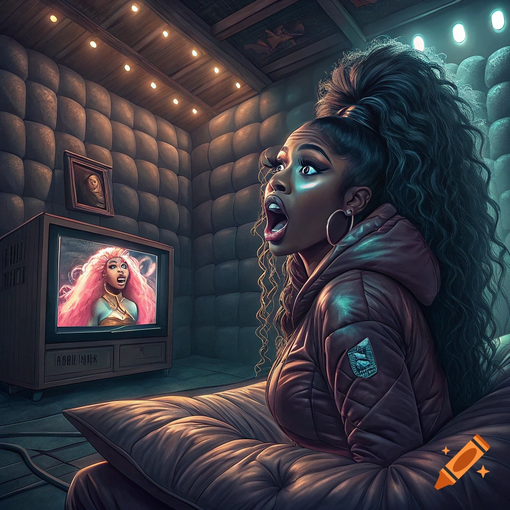 Woman watching TV in a padded room, looking surprised at the screen showing another woman.