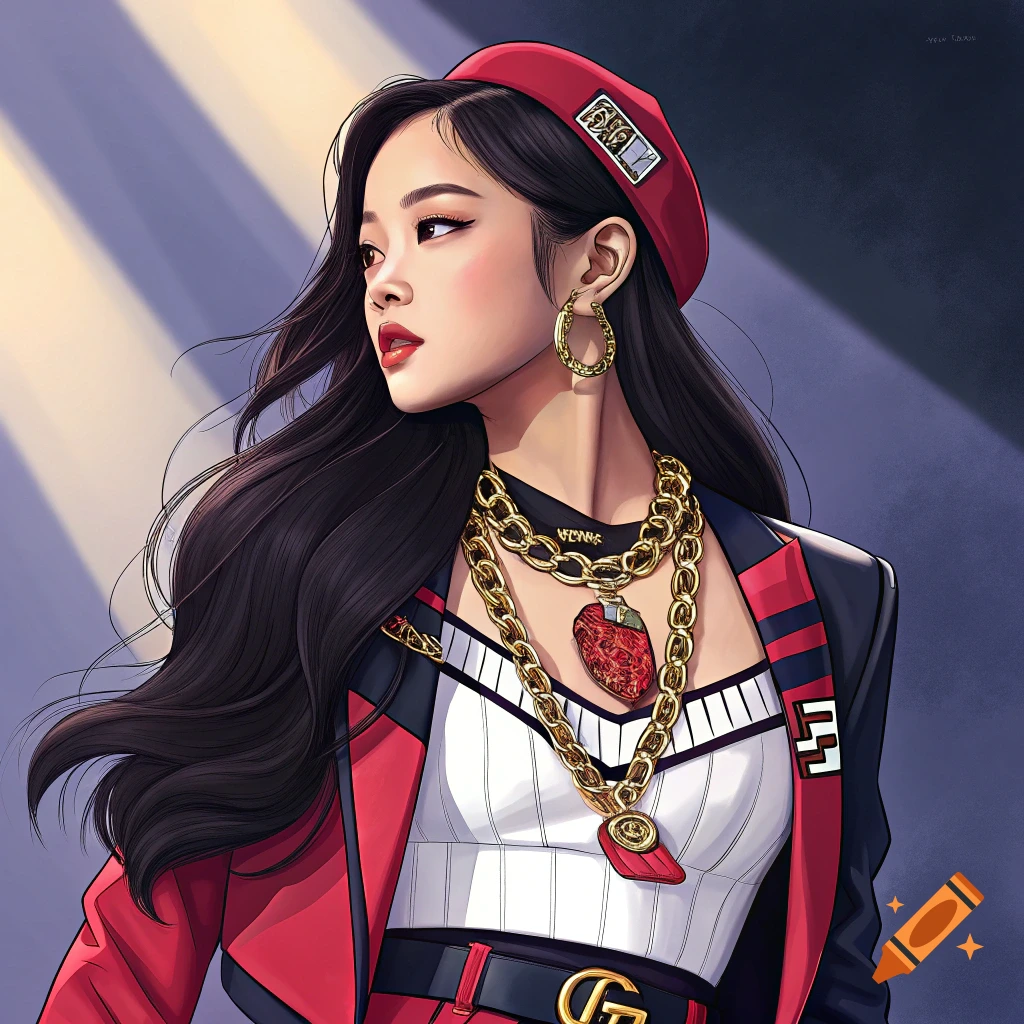 Illustration of a woman in a red beret, red and black jacket, white top, and gold chains.