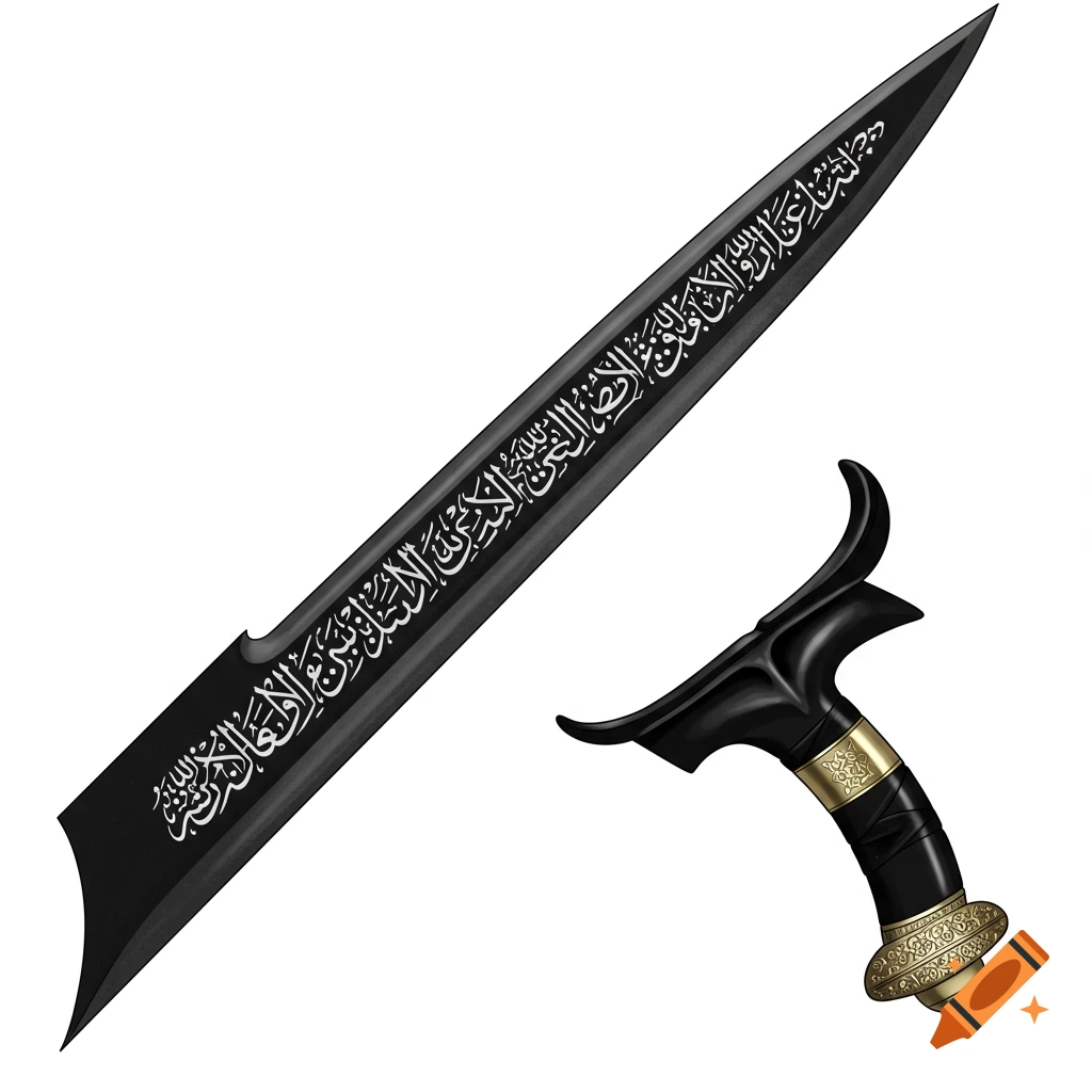 A black, curved ceremonial dagger with white script on the blade and a black and gold handle.
