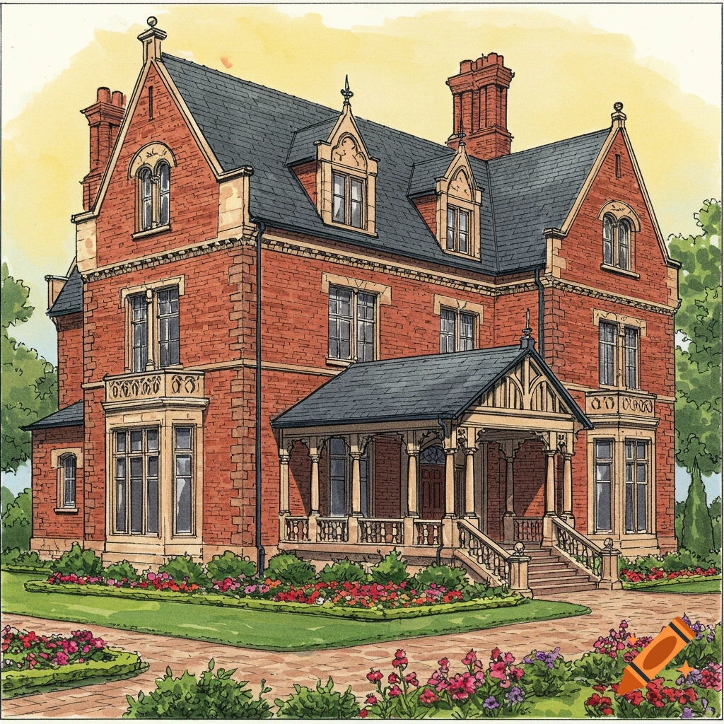 An illustration of a large red brick mansion with a covered porch, garden beds, and a path.