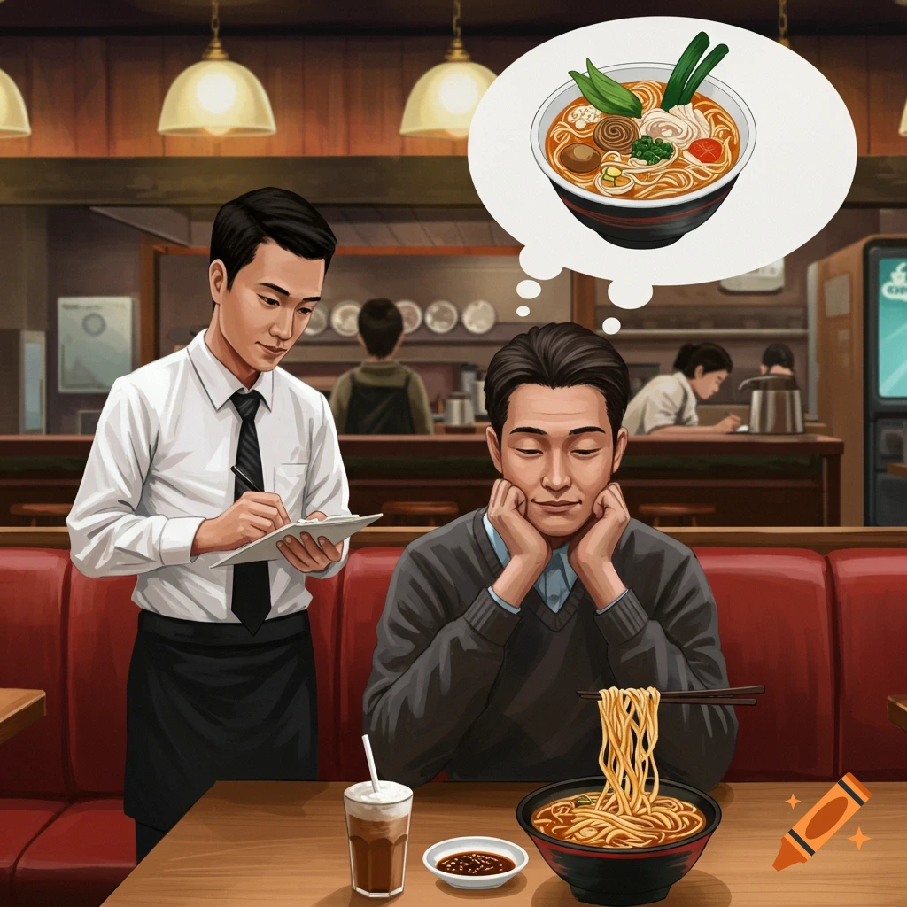 A waiter takes an order from a customer in a restaurant; the customer is thinking about noodle soup.