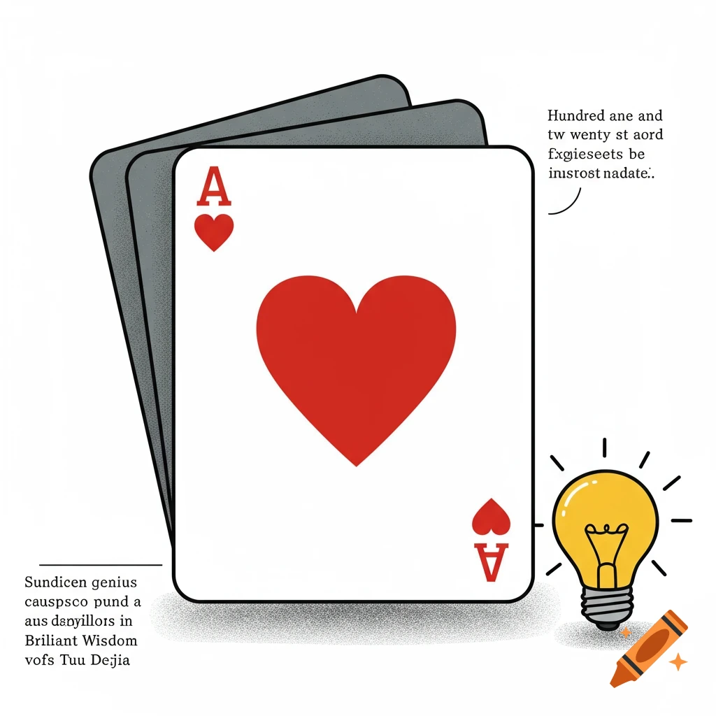Illustration of an Ace of Hearts playing card and a glowing lightbulb.
