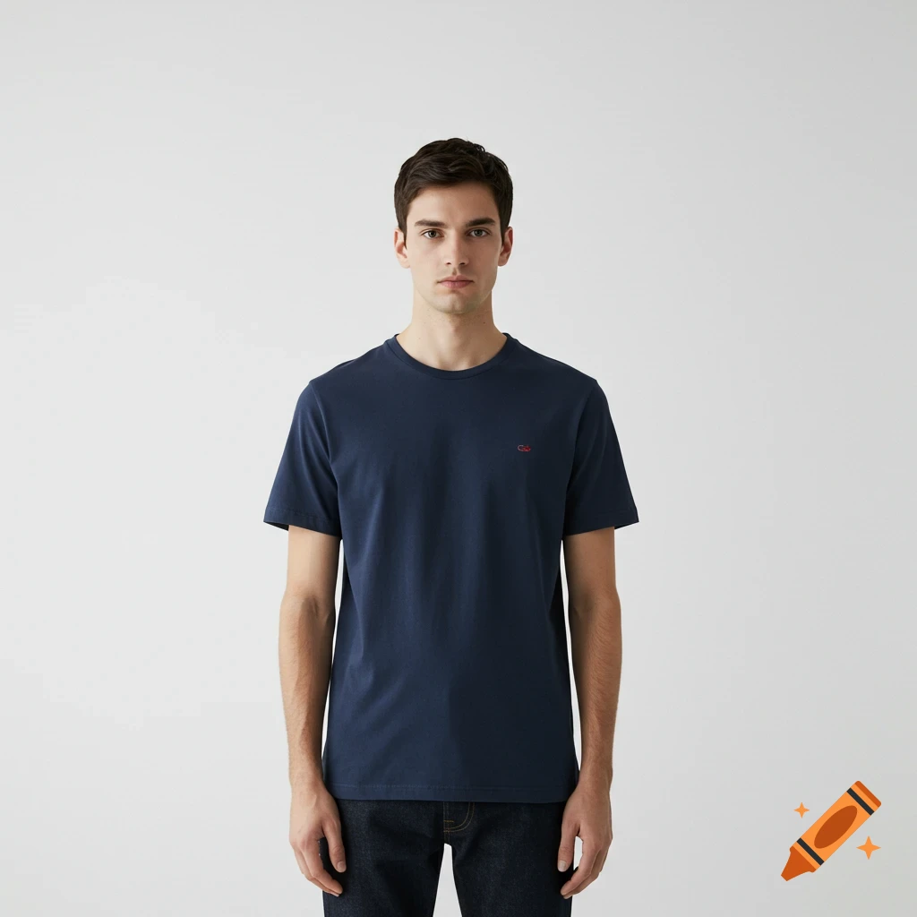 Man in navy t-shirt and jeans standing against a white background