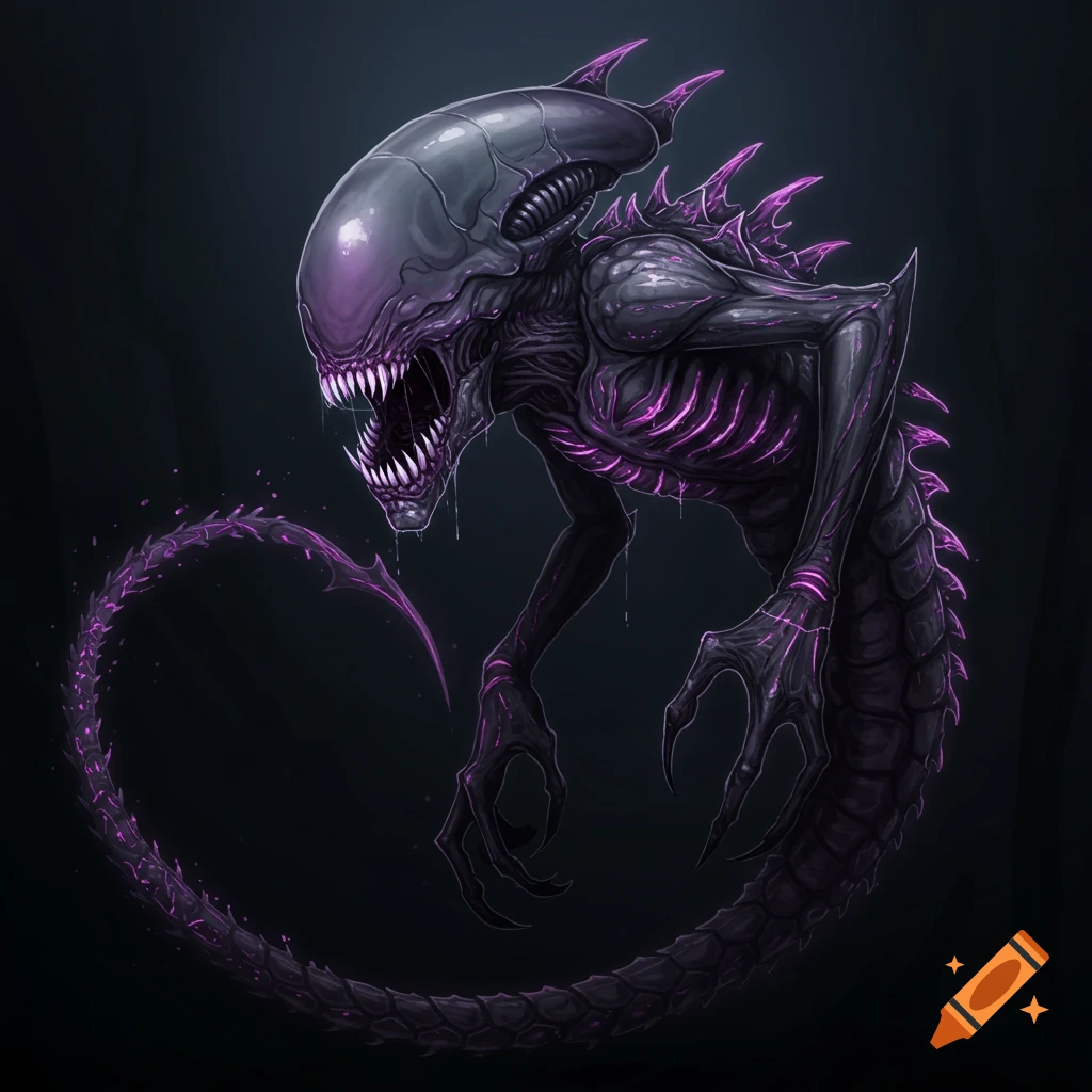 A dark, spiky alien creature with glowing purple accents, large teeth, claws, and a long tail.