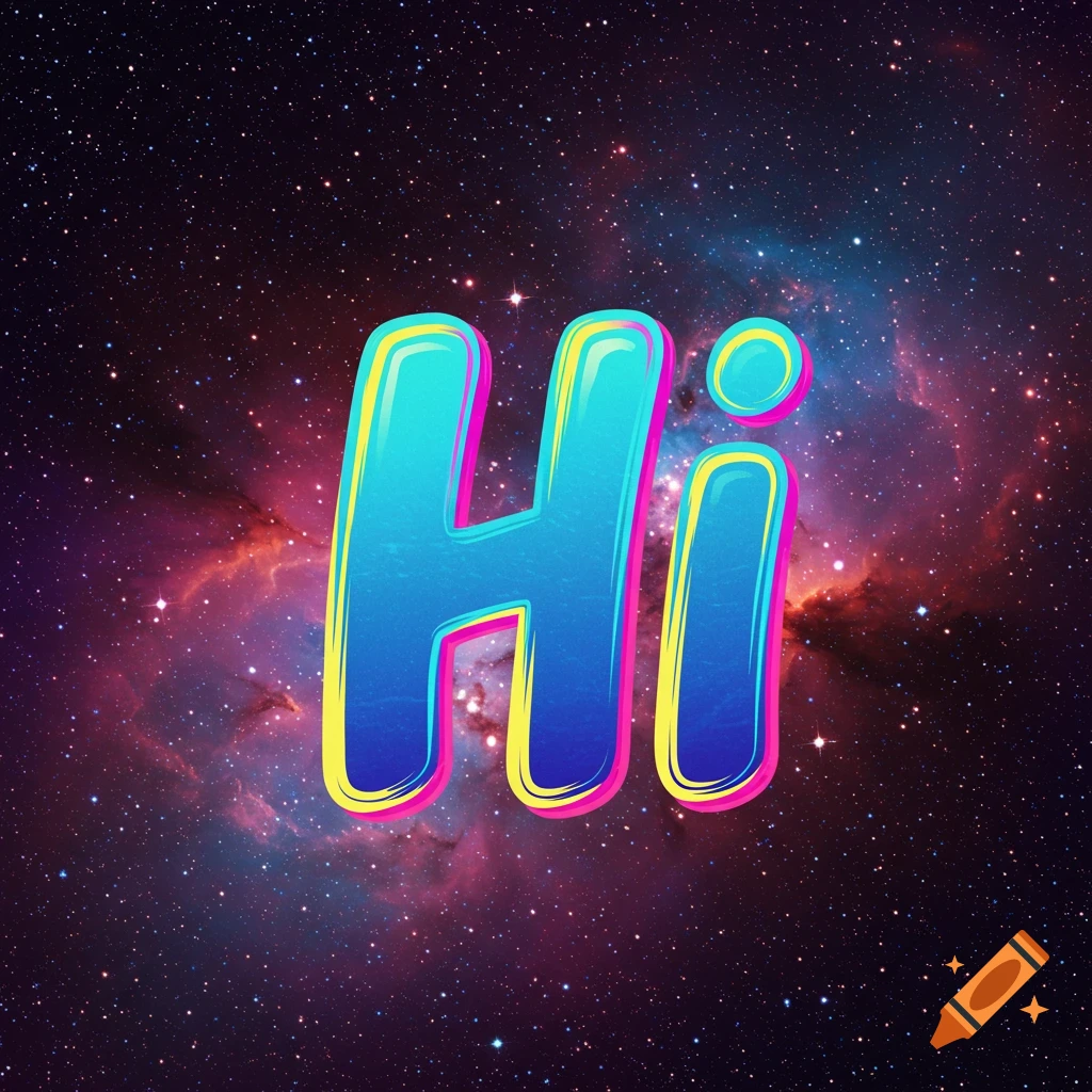 The word Hi in colorful text on a starry galaxy background.