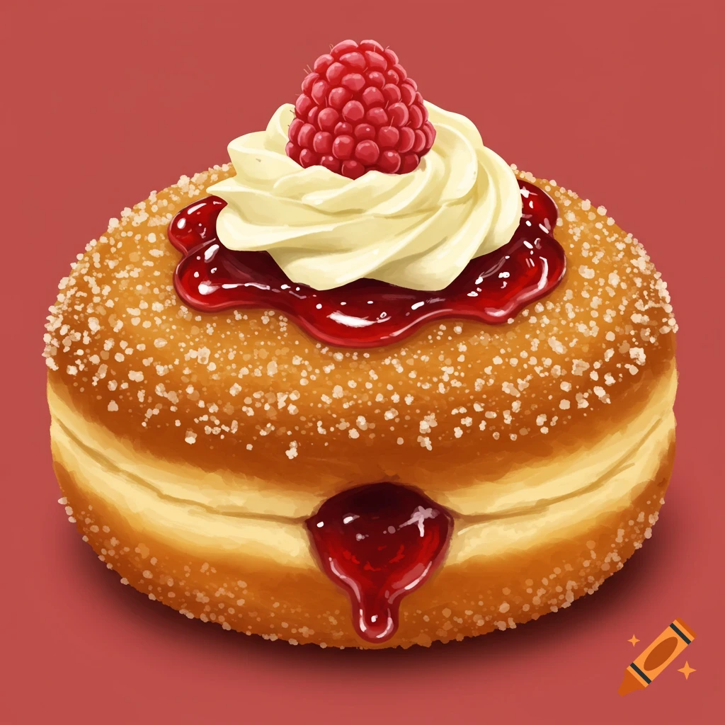 A jelly-filled donut with jam, whipped cream, raspberry, and sugar coating on a red background.
