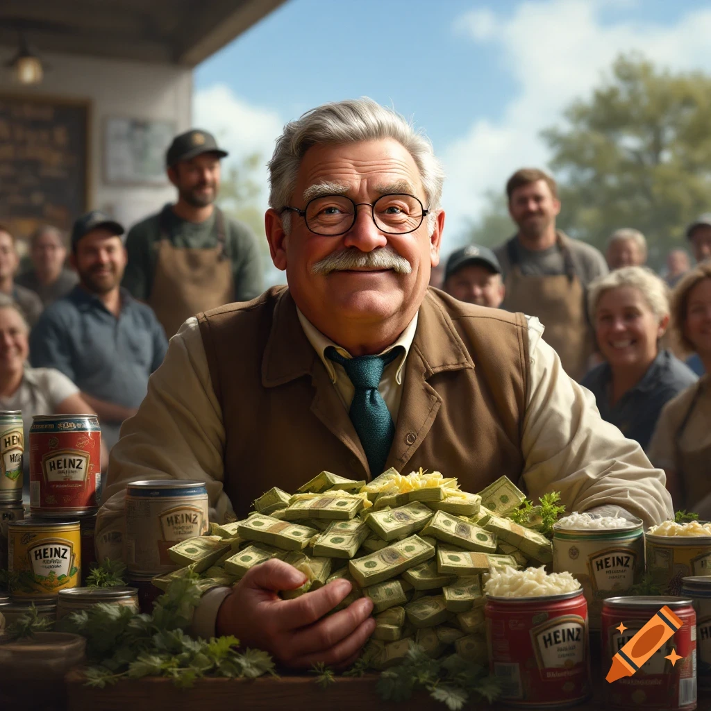An older man with a mustache and glasses holds a pile of money surrounded by Heinz cans and smiling workers.