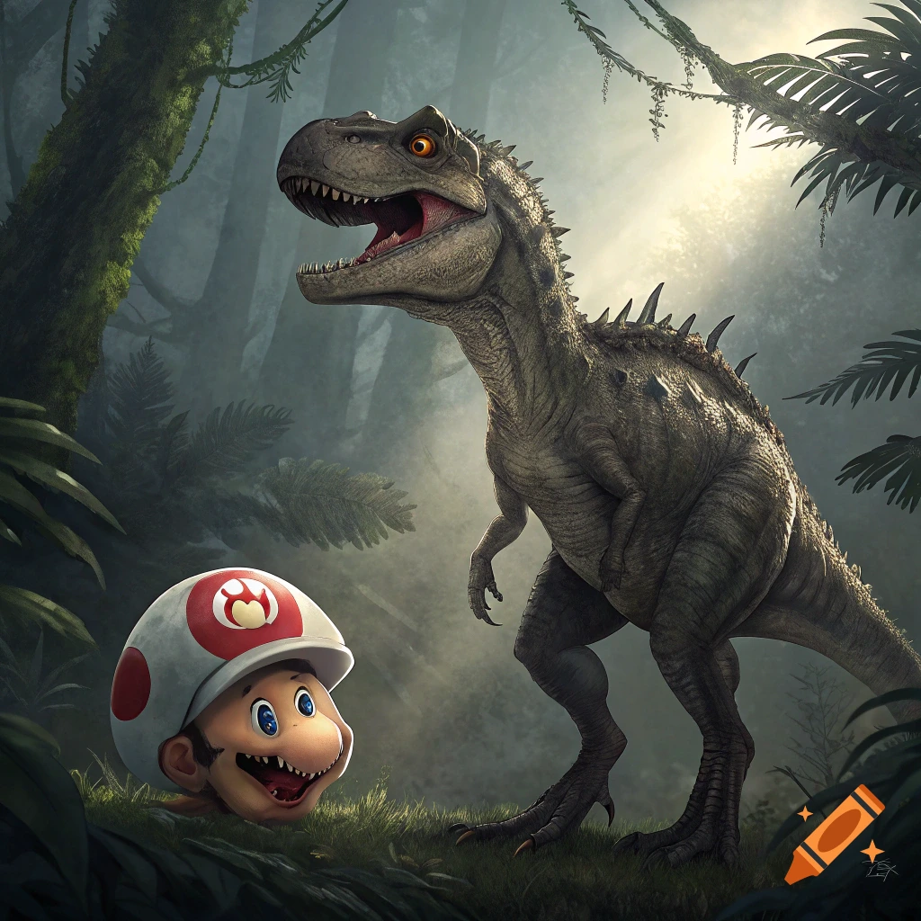 A large dinosaur stands over a small Toad head in a jungle.