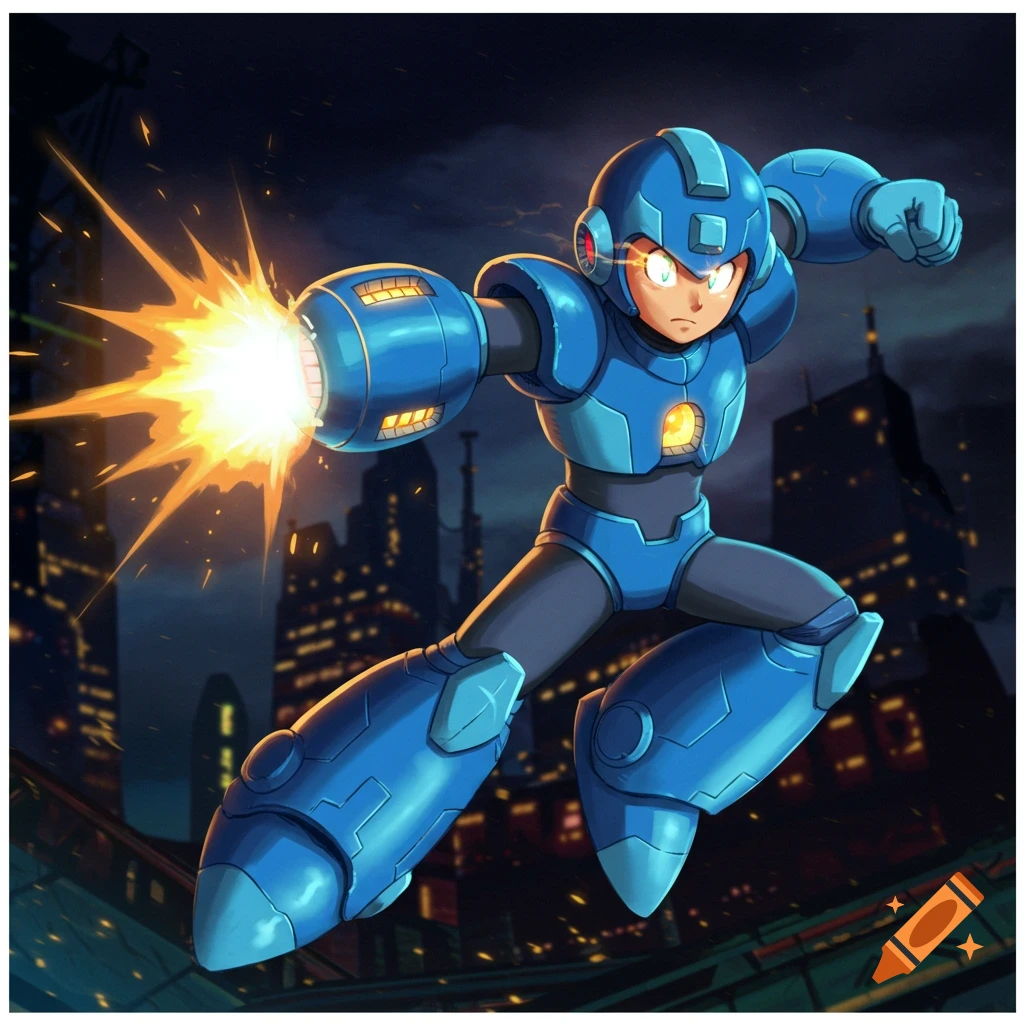 Blue robot character like Mega Man fires arm cannon over city at night