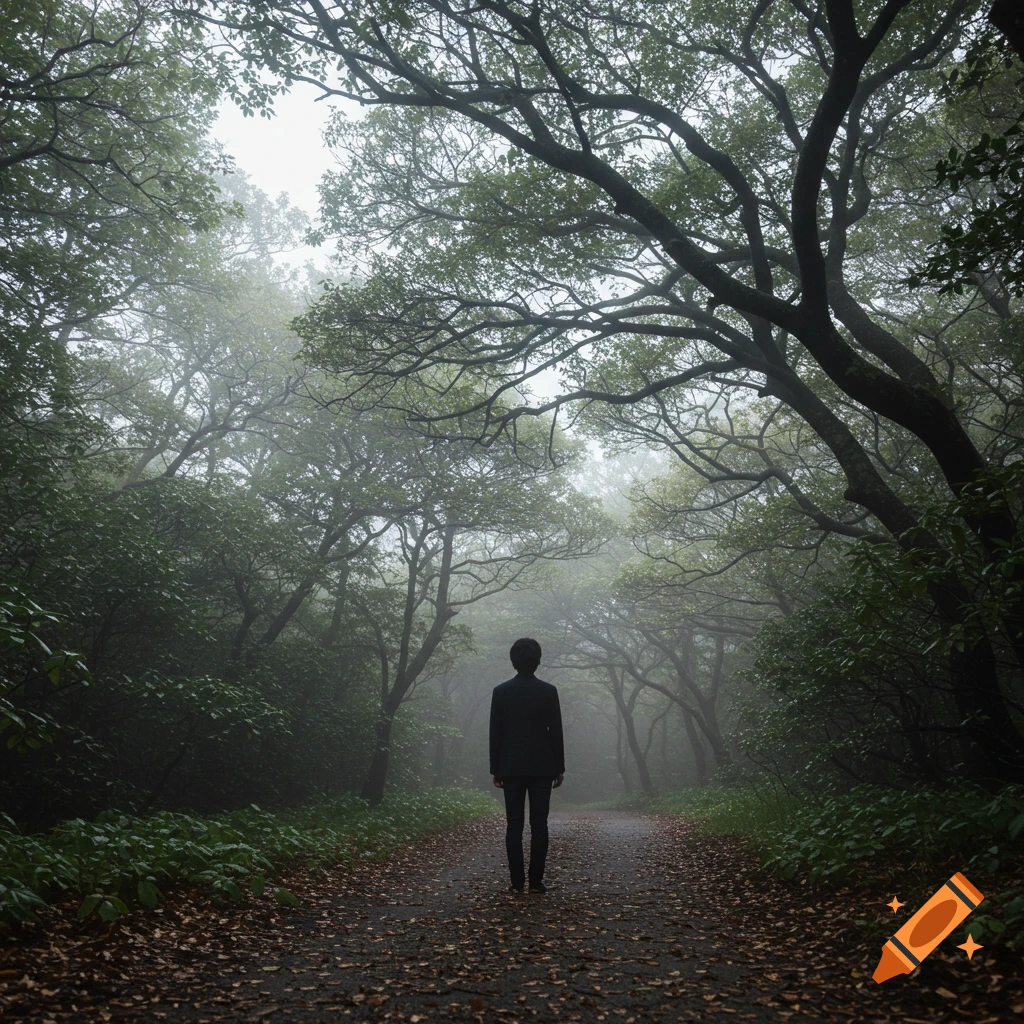 A person stands on a path looking into a foggy forest.