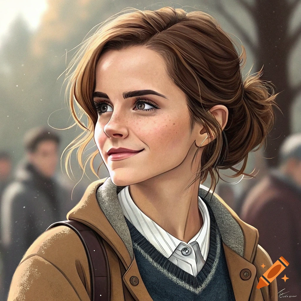 Stylized portrait of a young woman resembling Emma Watson smiling and looking up outdoors.