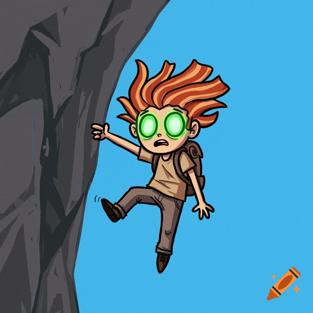 Cartoon character with bacon hair and green eyes hangs from a cliff face.
