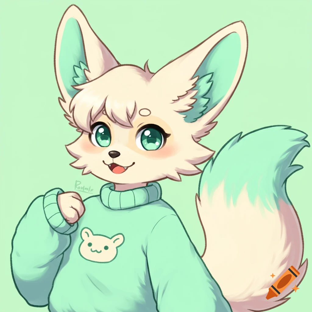Cute anthropomorphic fennec fox character in a mint green sweater.