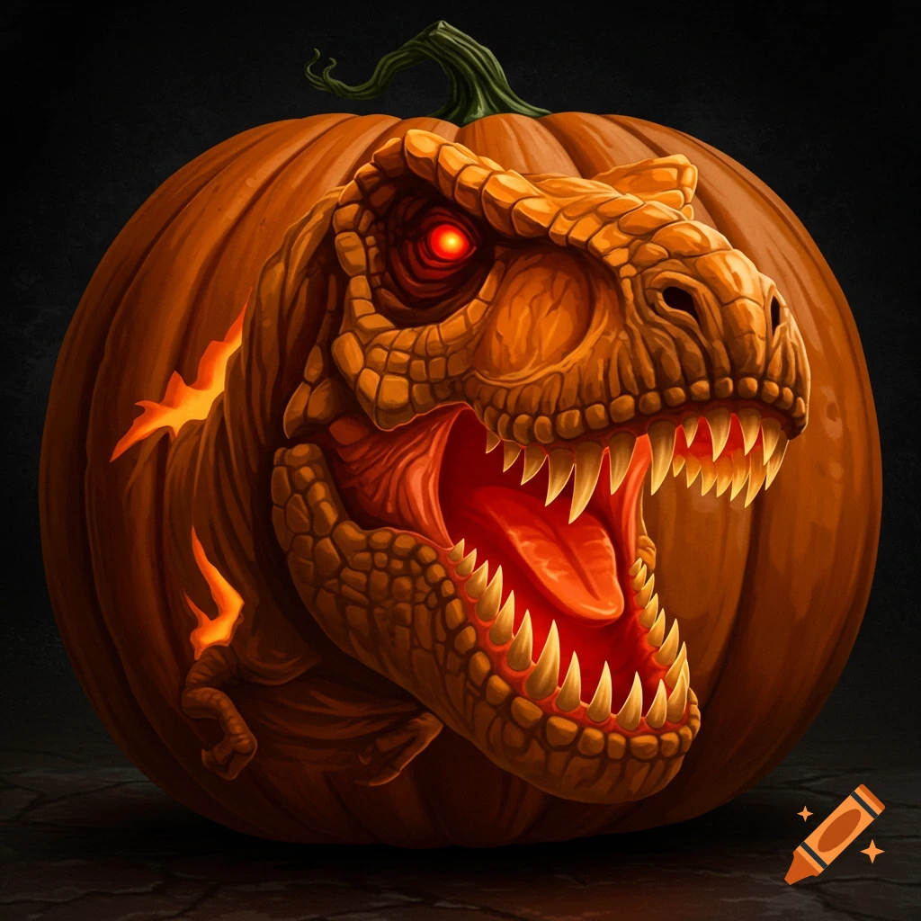 A scary Halloween pumpkin is carved into a T-Rex head with glowing eyes.