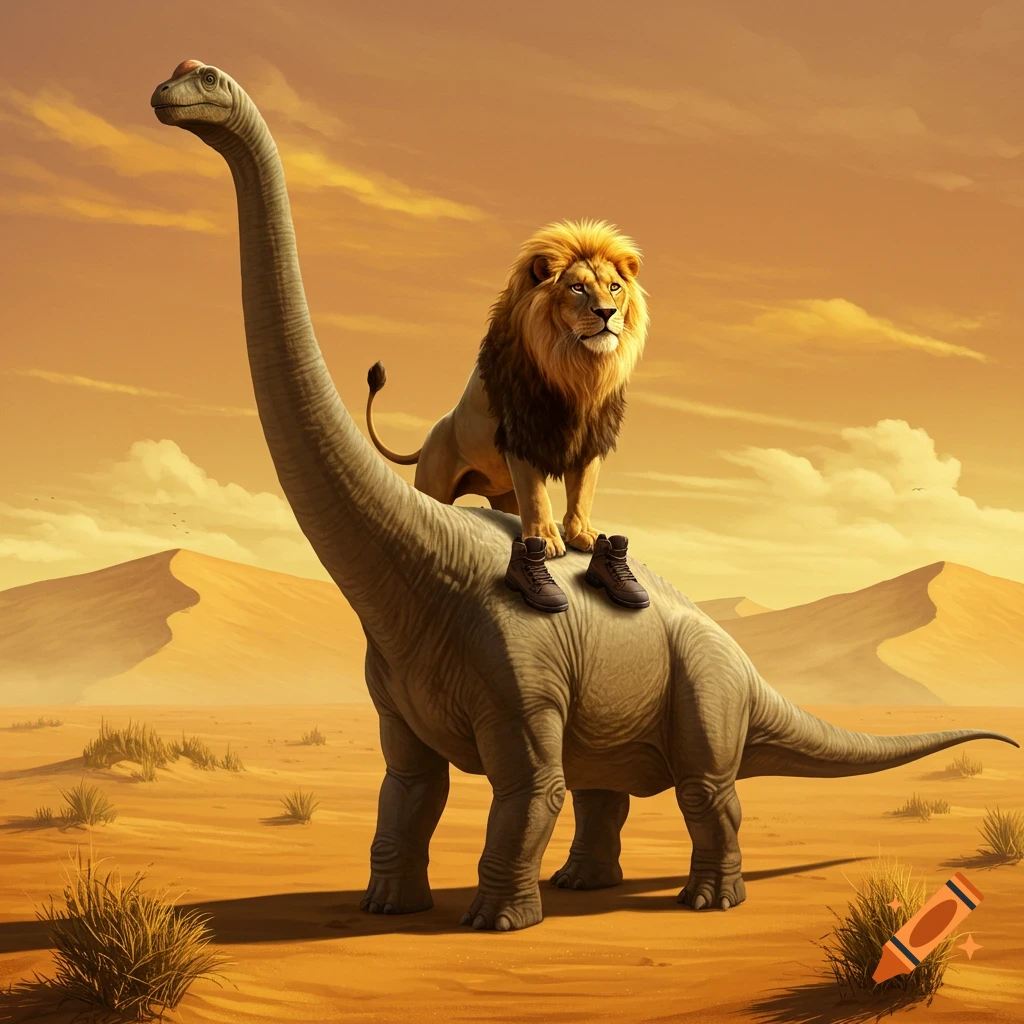 A lion wearing shoes rides a dinosaur through a desert landscape.