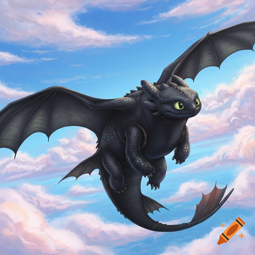 A black dragon flying through a cloudy sky.