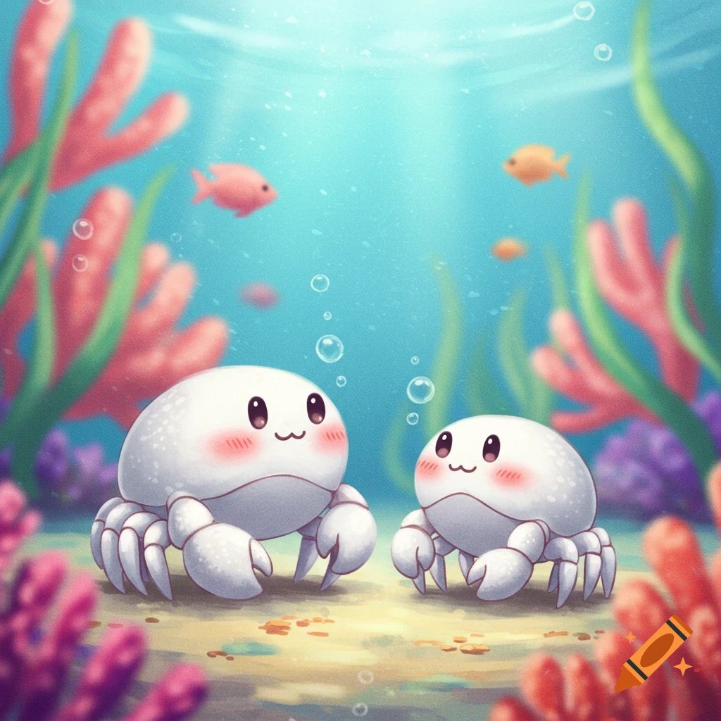 Two cute white cartoon crabs underwater with fish and coral