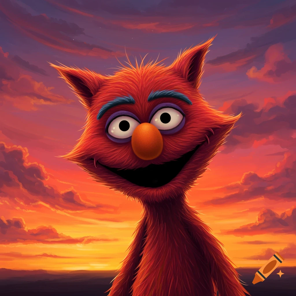 A red furry monster with wide eyes and a big smile is shown against a vibrant orange and purple sunset sky.