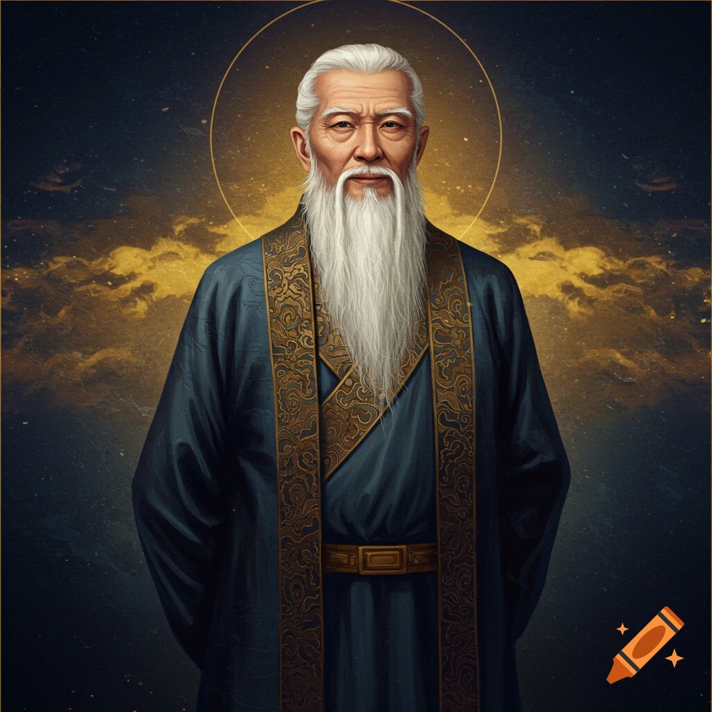 An old man with a long white beard wearing a dark blue robe with gold trim, against a dark sky with golden clouds and a halo.