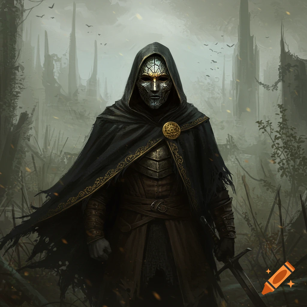 A cloaked warrior with a metal mask and sword in a misty, ruined landscape.