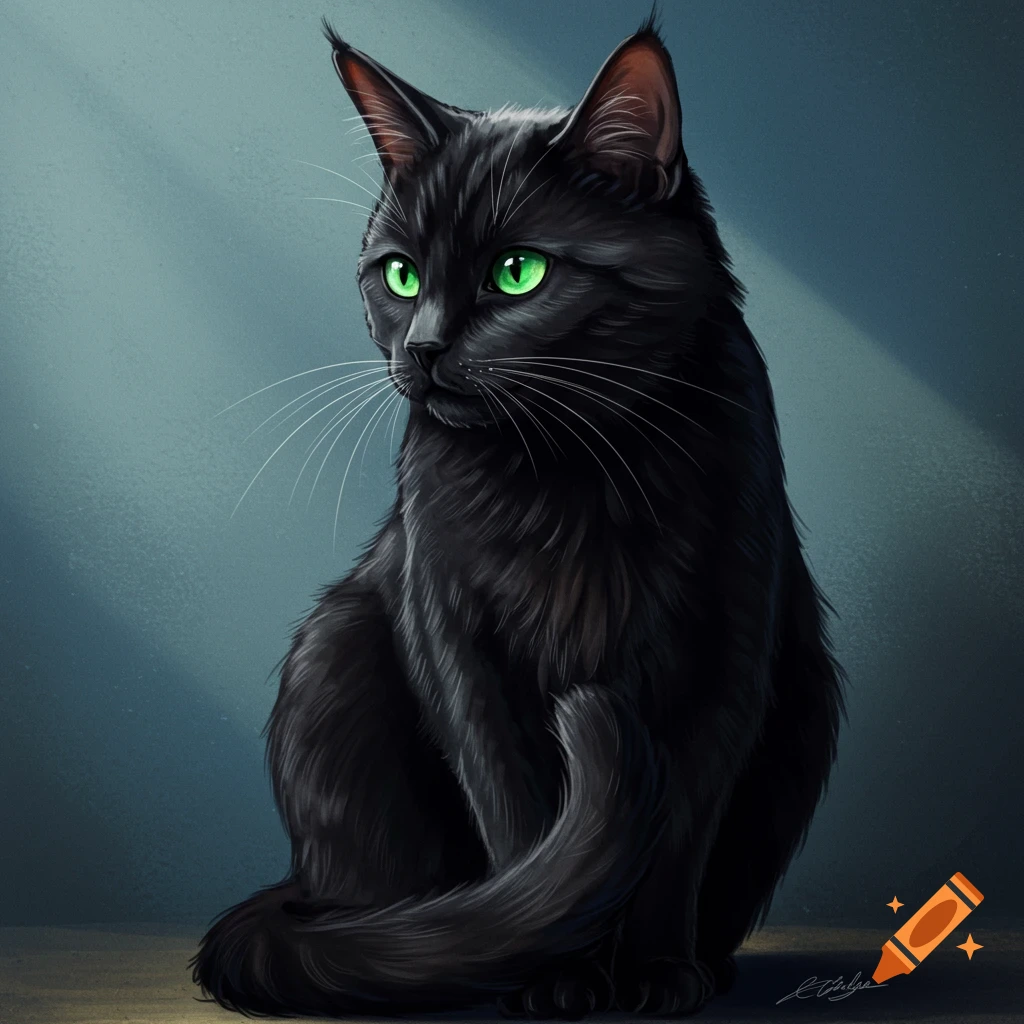A black cat with green eyes.
