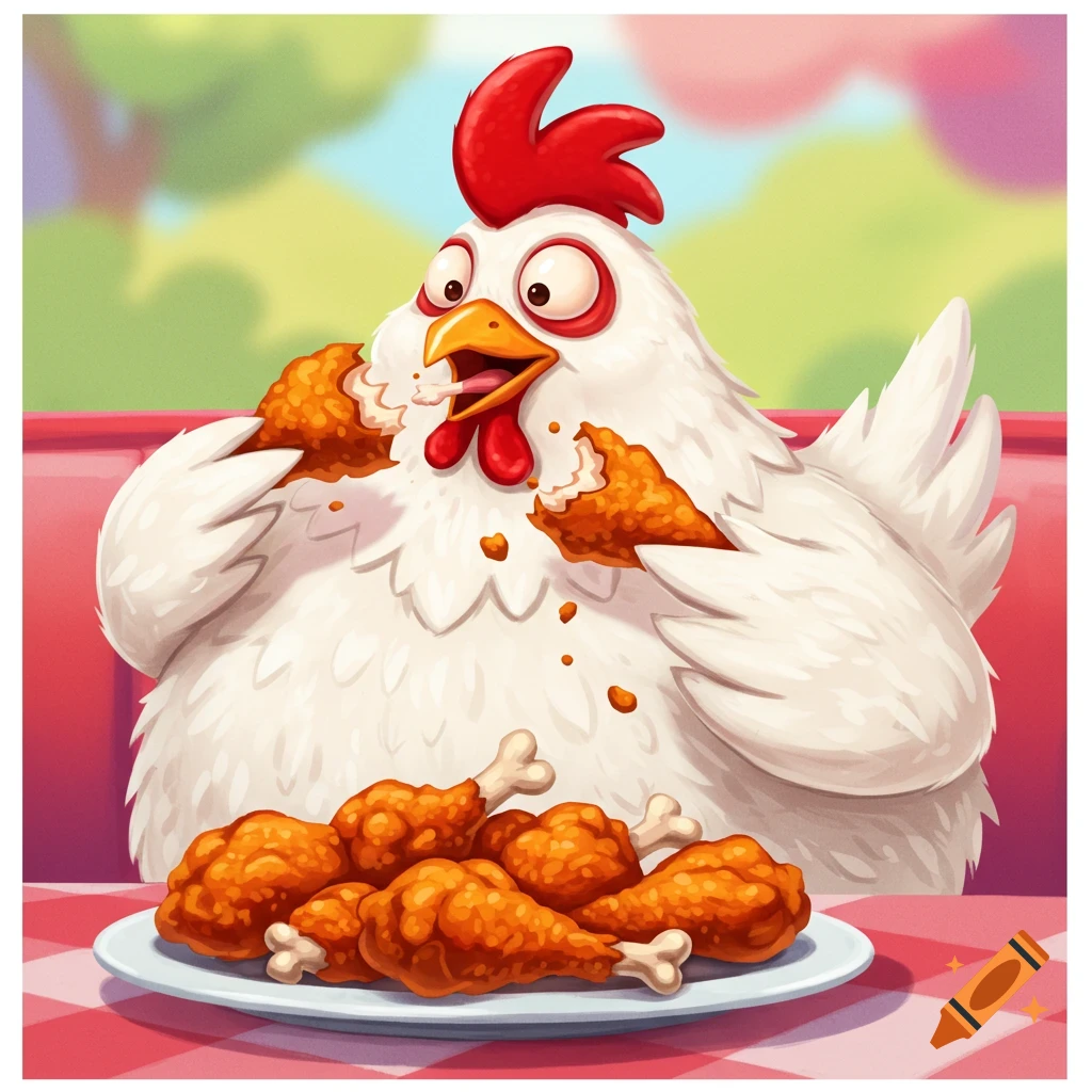 Cartoon chicken eats fried chicken legs from a plate on a red checkered tablecloth.