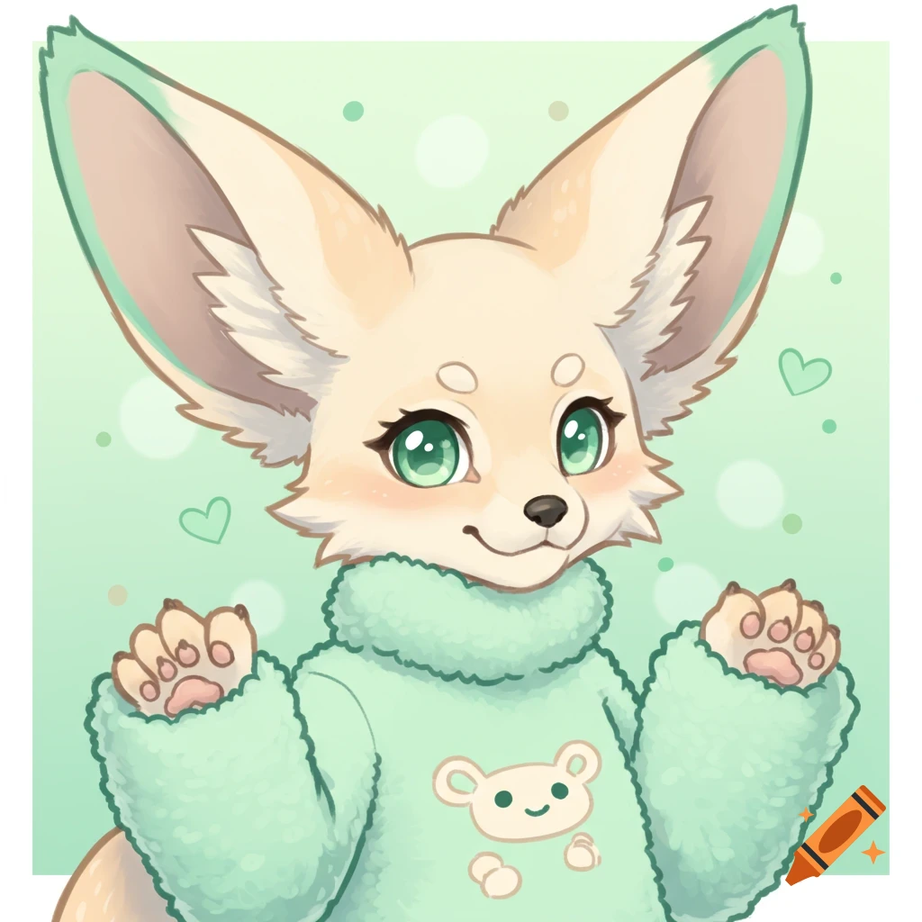 Illustration of a cute anthropomorphic fennec fox wearing a fuzzy mint green sweater with a teddy bear logo.