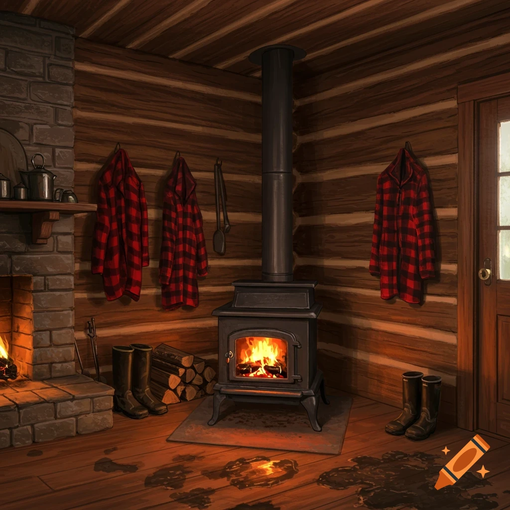 A cozy cabin interior with a burning wood stove, a fireplace, plaid coats, and muddy boots.