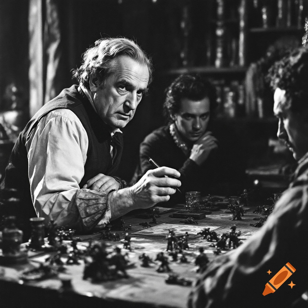 Three men play a tabletop game with miniature figures in a dimly lit room, in black and white photographic style.